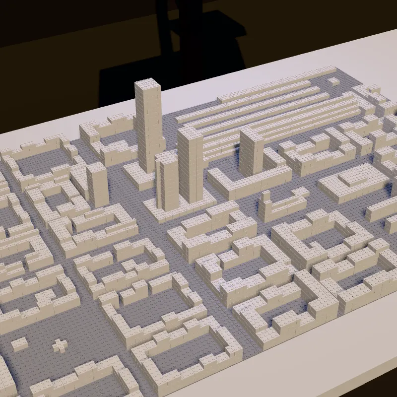 A district built with white bricks on grey baseplates.