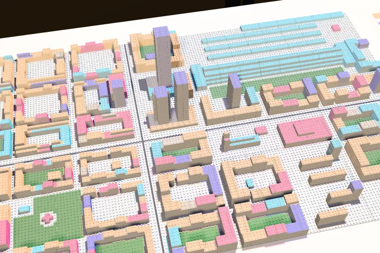 Coloured data projected onto a white brick model.