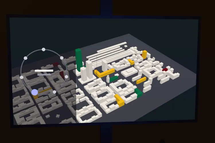 A screen showing the same district in 3D.